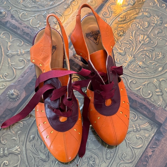 John Fluevog Orange and Burgundy Leather Slingback Heels - Picture 8 of 8